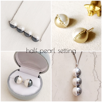 オリジナルパールを使用した、halfデザインシリーズイヤリング（ピアス）6000円、ネックレス3玉8500円、4玉9000円